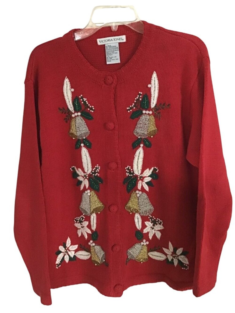 Victoria Jones Womens Large Embroidered Beaded Pearls Christmas Bells Sweater